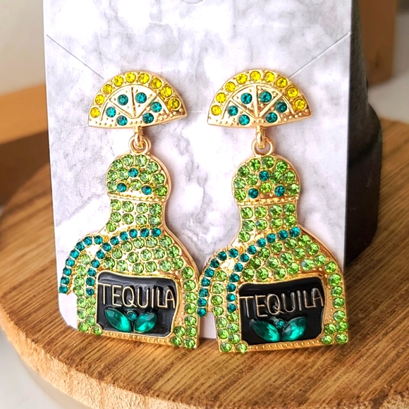 Handmade Jewelry - "Blingy Black-out" Bedazzled Tequila Bottle Earrings NEW